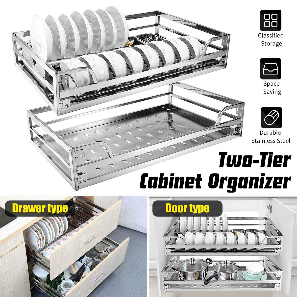 Stainless Steel 2-Tier Pull Out Storage Rack Basket 600mm 700mm 800mm Kitchen Slide Cabinet Organizer Drawer Baskets Holder